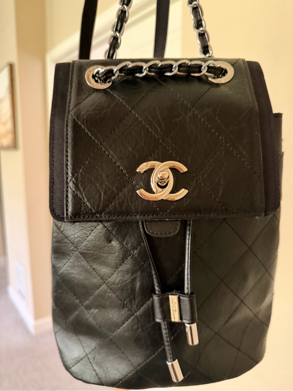 Black Quilted Leather Drawstring Backpack